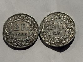 2 Franken 1936 1939 Helvetia Münzen guter Zustand