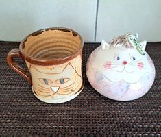 Poterie artisanale vintage -  tasse et sucrier chat