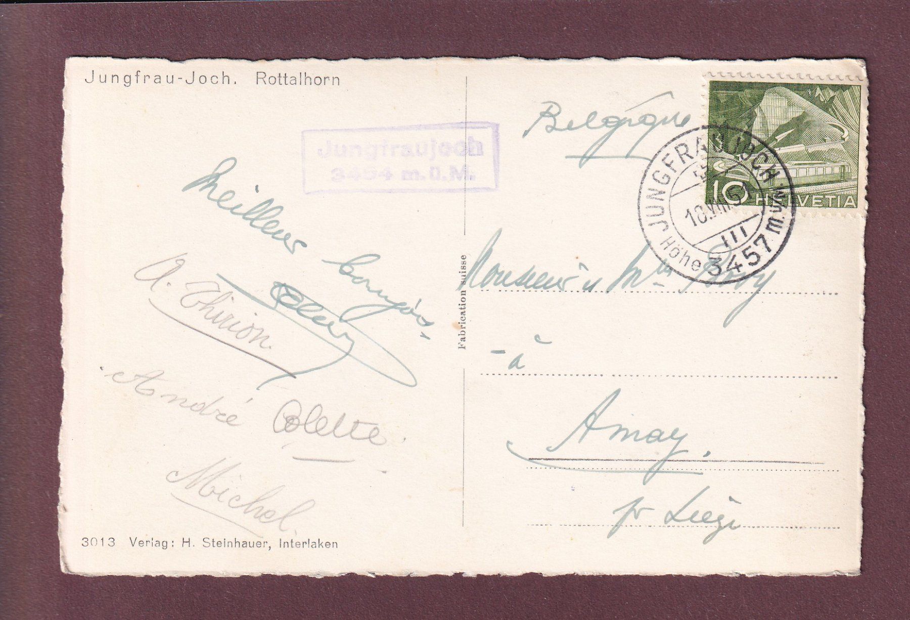 Cartoline postali: JUNGFRAUJOCH - Rottalhorn - 1951 – Usato da Pully venduto da nicecards 1