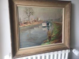 Alte  Oel Bild ein tolles Märchen mit Fluss monogramiert E.L