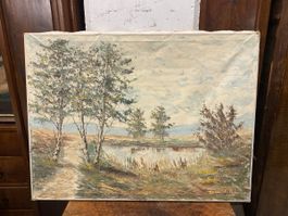 Tableau Paysage Lac Peinture à l'huile Signé, Vintage 50