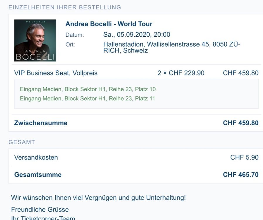 Tickets Andrea Bocelli 20.11.2023 Kaufen auf Ricardo