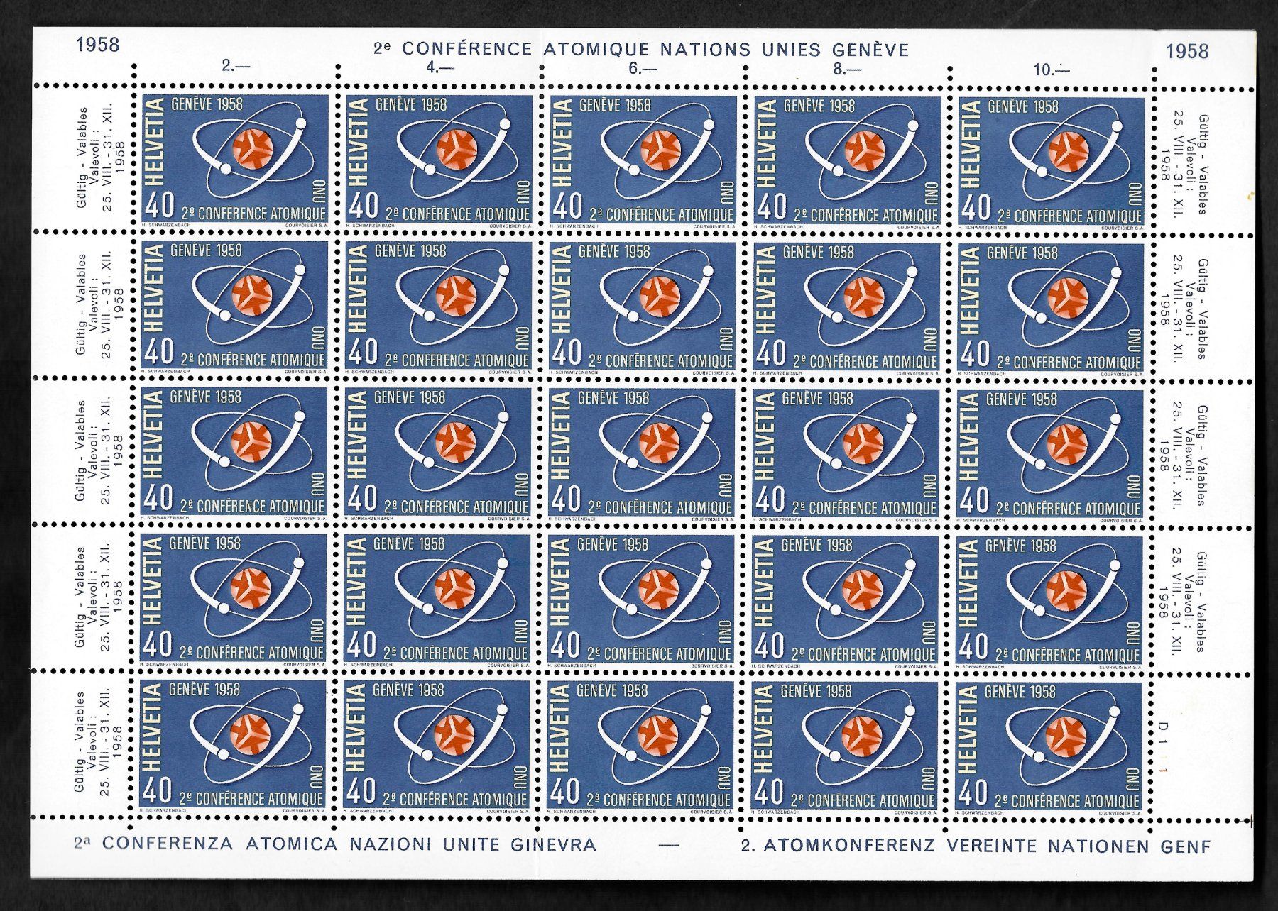 Alle Briefmarken: 1958 Bogen Atomkonferenz_Sinnbilder der Kernverschmelzung – Neu (gemäss Beschreibung) aus Eggersriet von stamp303