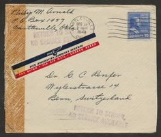 Zensur Flugpost Schweiz 1943 RETURN TO SENDER NO SE Luftpost