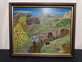Ölgemälde H. Diem Alpaufzug mit Kühen Appenzeller Bild