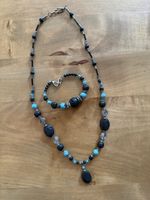 Schmuckset Halskette und Armband Lavastein türkis farbig