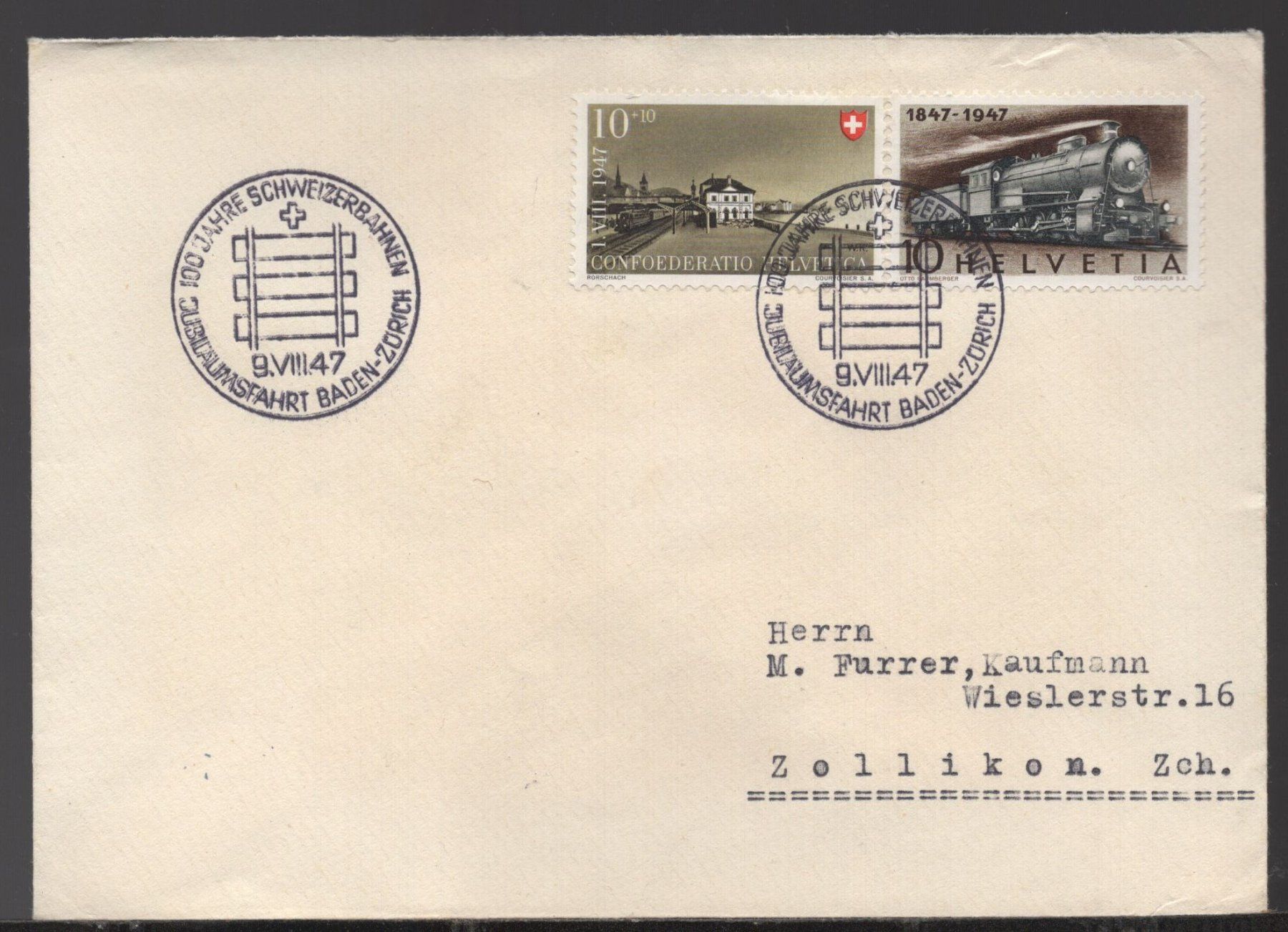 Tutti i francobolli: 1947  100 JAHRE Schweizer EISENBAHNEN  9.VIII.47 – Usato da Aarau venduto da kufi44