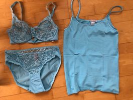 Schönes Set: BH & Slip/Top Gr. 75C, Slip M, Hemd S,Hellblau,