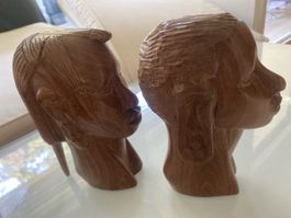 2 têtes en bois sculpté, décoration, style africain, hauteur