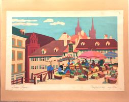 Lithographie "Barfüsserplatz" von Jeanne Pflüger