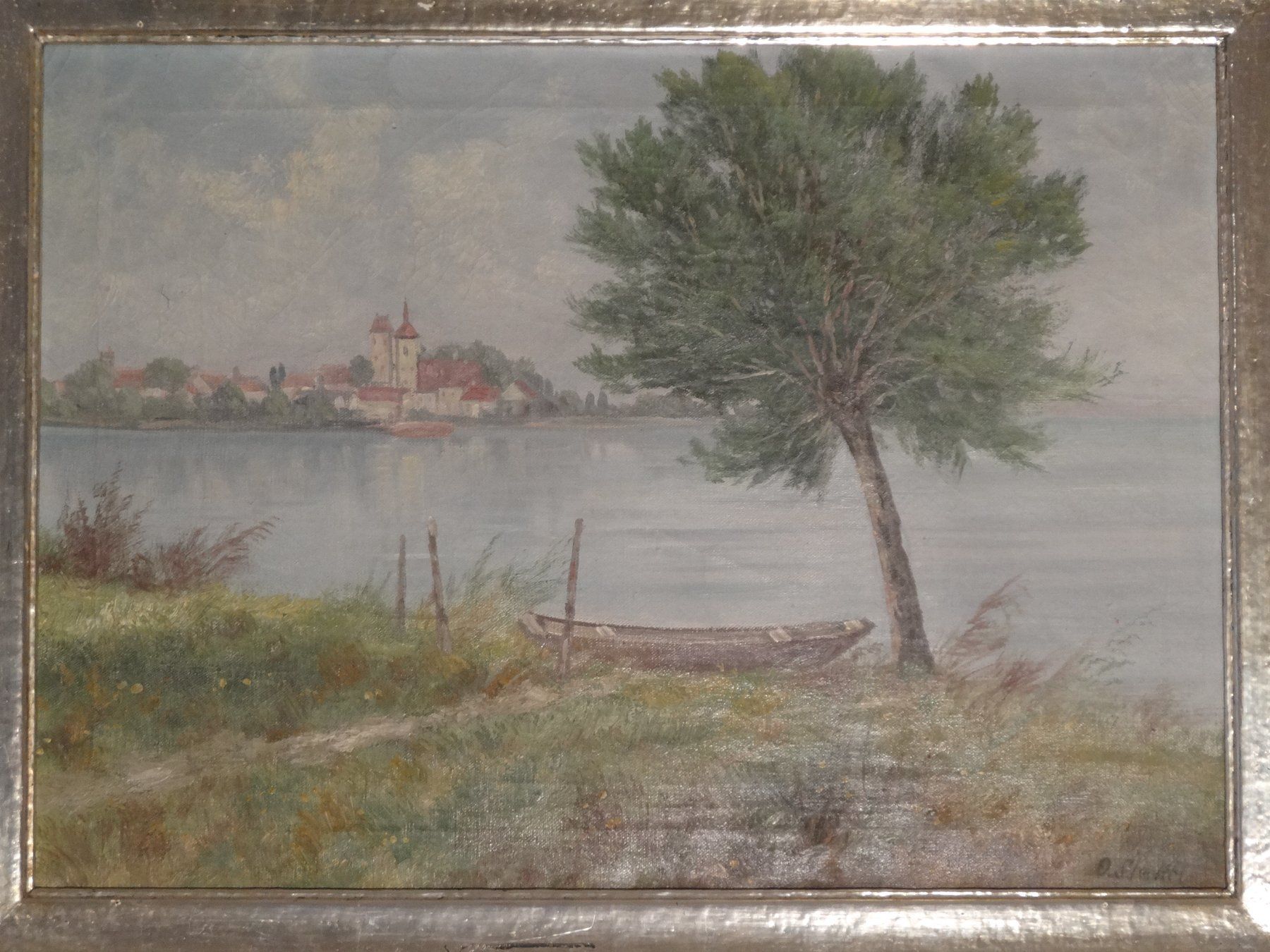 Dipinti: Originalgemälde: in Oel. "Landschaft Baum&Boot; O. Stahel" – Usato da Allschwil venduto da FindeAuserlesenes 1