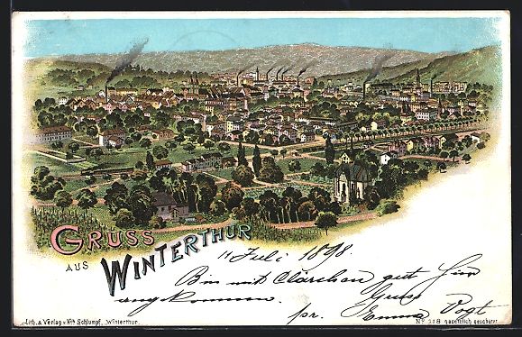 Cartes postales: Lithographie Winterthur, Panorama, 1898 – D'occasion à Berlin par bartko-reher