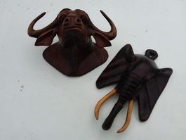 2 Afrikanische Holzfiguren Büffel & Elefant Kopf Deko Han...