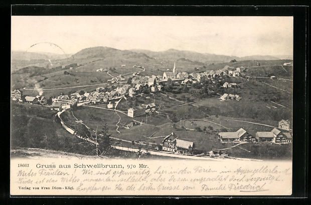 Cartoline postali: Schwellbrunn, Totalansicht aus der Vogel – Usato da Berlin venduto da bartko-reher