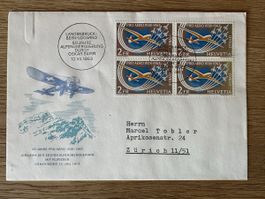 Schweiz - 1963 4er Block Gedenkpostlug Bern-Locarno FDC