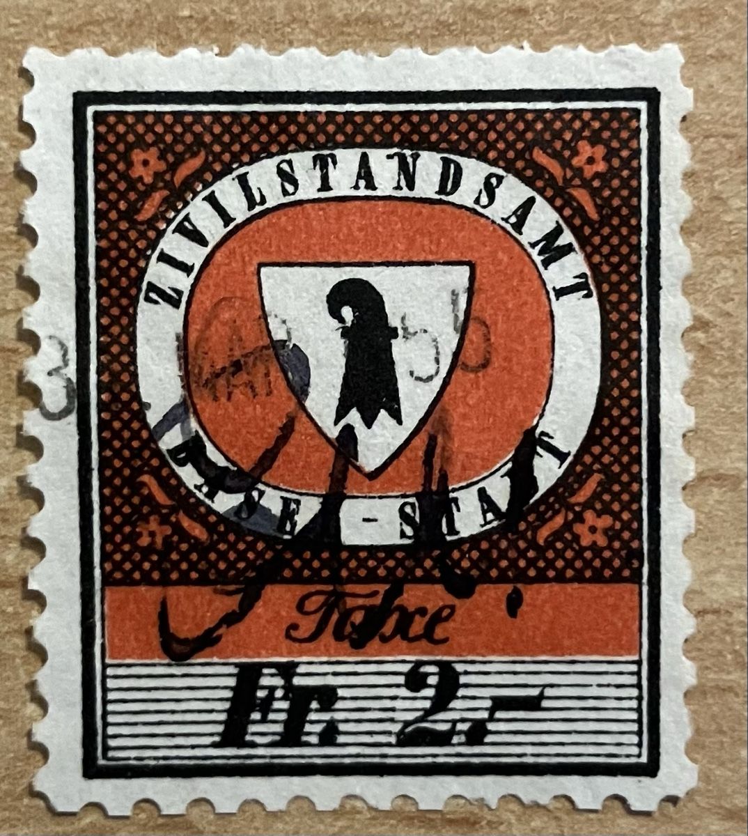 Alle Briefmarken: Fiskalmarke Zivilstandsamt Basel 2 Fr. mit Wappen – Gebraucht aus Hunzenschwil von zibu88