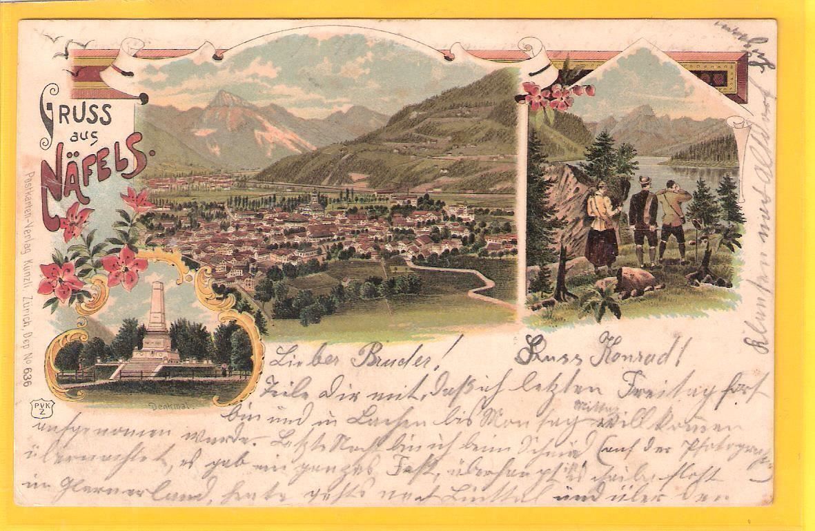 Cartoline postali: 16.7.1901 Glarner Litho 3-Bild "Gruss aus Näfels" – Usato da Zürich venduto da Hagliweg 2
