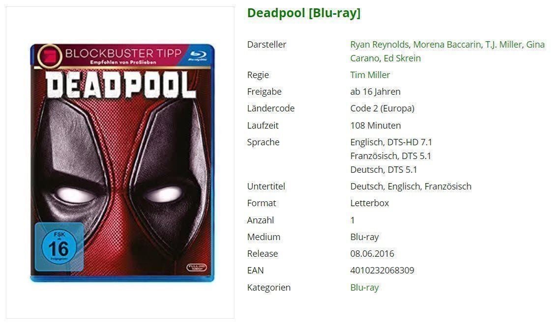 Tutti i DVDs: Deathpool - Blueray – Usato da Buchrain venduto da Sssschaller