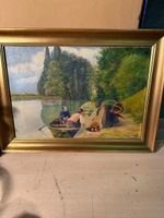 Vintage Oil Painting of Figures by a River, Framed Artwork