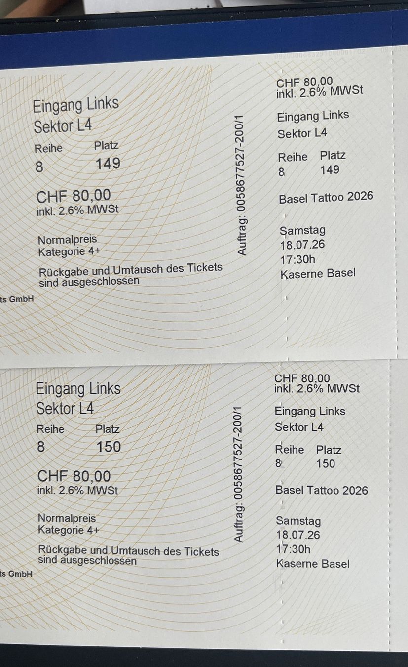 Tickets: Basel Tattoo 2026 Ticket Kasernen Basel 18.07.26 – Neu (gemäss Beschreibung) aus Bleienbach von Helvetier3