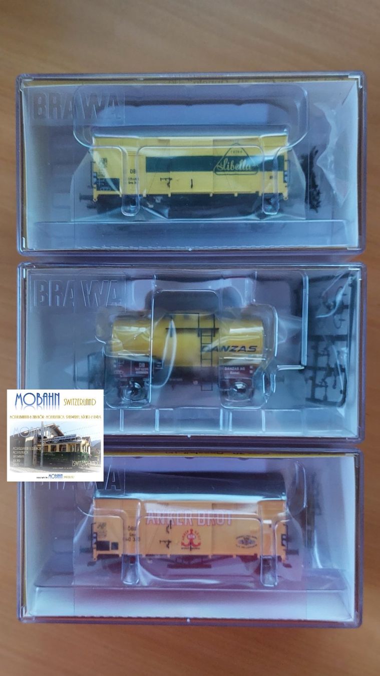 Brawa Modellini di ferrovie: BRAWA Set V - 3 verschiedene Güterwagen – Nuovo e nell'imballaggio originale da Rotkreuz venduto da MOBAHN-1zu87 1