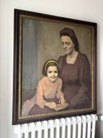 Magische  Portret  Idile Mutter mit Mädchen  Alte Oel Bild
