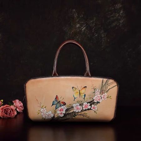 Echtleder Handtasche / Schultertasche mit Blumenmotiv