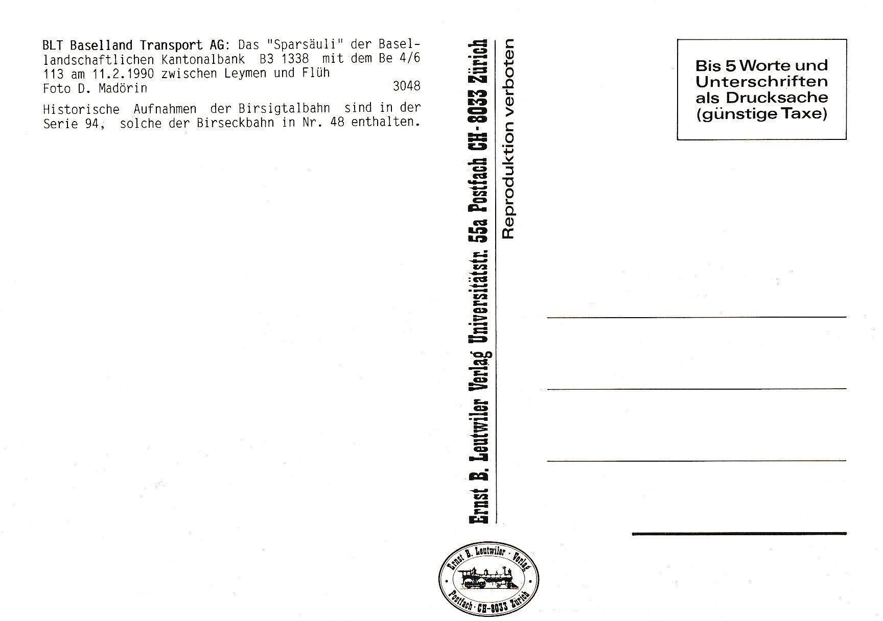 Cartoline postali: Strassenbahn Basel BLT B3 1338 + Be 4/6 113 – Usato da Ettingen venduto da Pantograph163 1