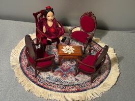 Puppenstube Teppich rund mit Fransen - Böhmischer Stil - NEU