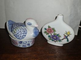 Lot mini Vase m. Blumen und Deckeldose mit Vogel-Dekor China