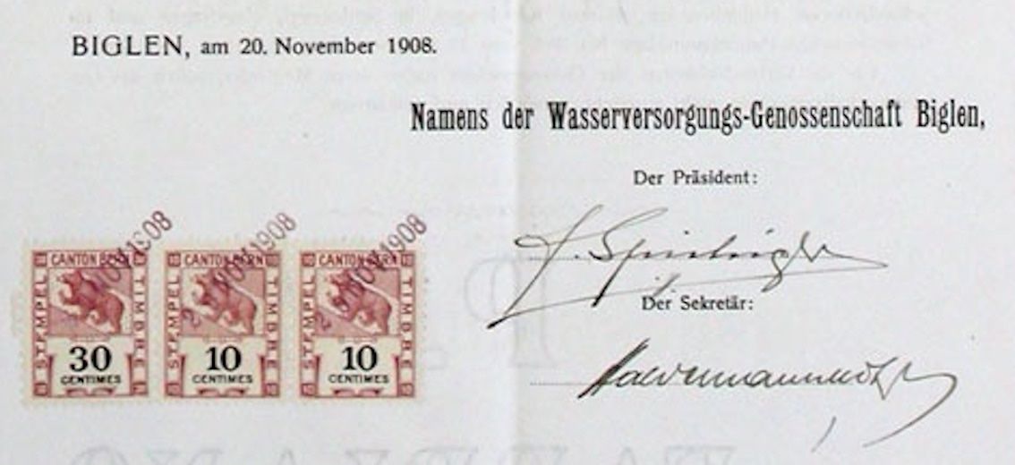 Dokumente: Wasserversorgungs-Genossenschaft Biglen - 1908 – Gebraucht aus Solothurn von Sgasche 1