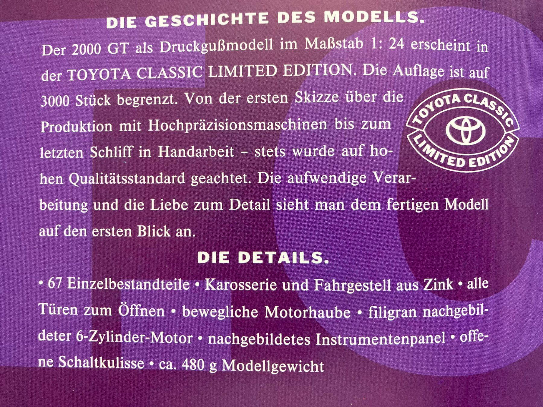 Toyota Modellini d'auto: Toyota GT 2000 – Nuovo e nell'imballaggio originale da Altenrhein venduto da Tribun75 8