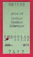 KARTON BILLETT, ZÜRICH HB - DÜBENDORF, 1.KLASSE, EINFACH