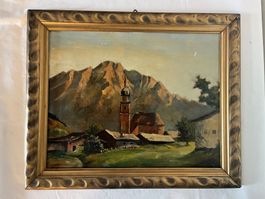 Ölgemälde Berglandschaft mit Kirche gerahmt signiert