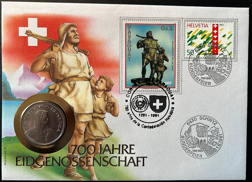 Couverts & Versandtaschen: Lettre pour les 700 ans avec pièce de 5.- – Gebraucht aus Ecublens von achille1954