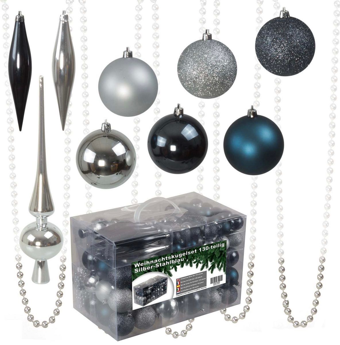 Tutte le decorazioni: Riesen Weihnachtskugelset 130 tlg Silber/Stahlblau – Nuovo e nell'imballaggio originale da Basel venduto da Seifehuesli 1
