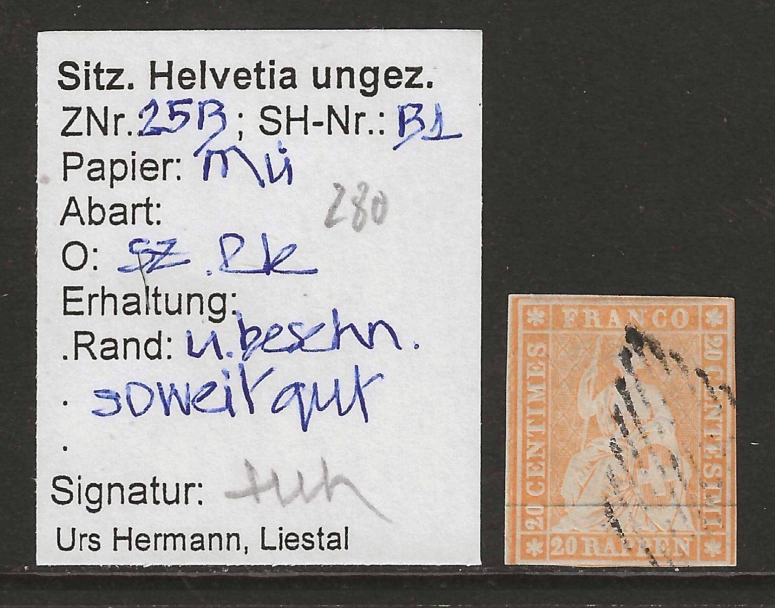Alle Briefmarken: 1854 : Strubel Nr. 25B mit Befund, KP 280.-- – Gebraucht aus Gümligen von Geniusbuy