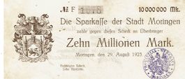 Moringen 10 Mil.Mark Serie F +Stempel 29.08.1923 VZ+-VZ++