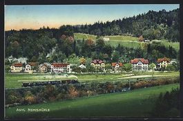 AK Remismühle, Asyl mit Eisenbahn, 1914
