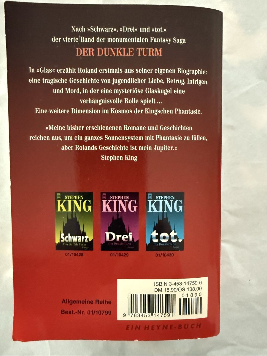 Libri: STEPHEN KING Buchtitel Glas Der Dunkle Turm – Usato da Pfeffikon LU venduto da pepino17 1