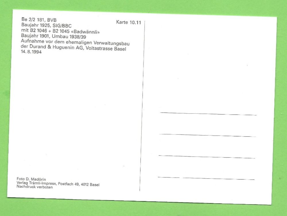 Cartoline postali: Basler Tram  Be 2/2 181, BVB – Usato da Zürich venduto da t24_de 1