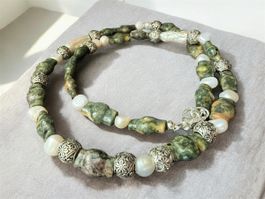 Neue Unikat 💎 Halskette Serpentin und Süßwasserperlen