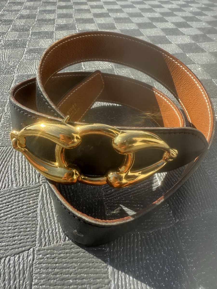 Ceinture HERMÈS Authentique En Cuir Noir - Boucle H Dorée - Taille 70 Cm - Occasion Très Bon état