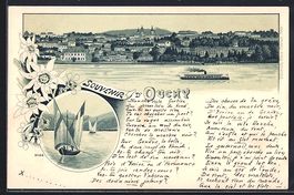Litho Ouchy, Panorama mit Dampfer, Segel