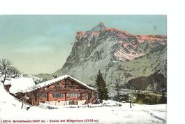 Grindelwald, Chalet mit Wetterhorn im Winter,