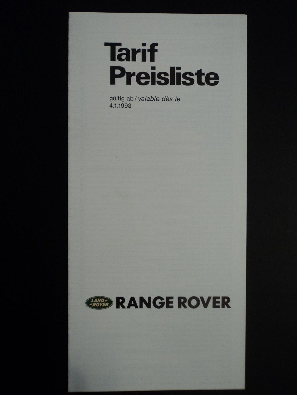 Land Rover Dokumente: Prospekt Preisliste Range Rover 1993 – Gebraucht aus Schwarzenburg von modelCARama