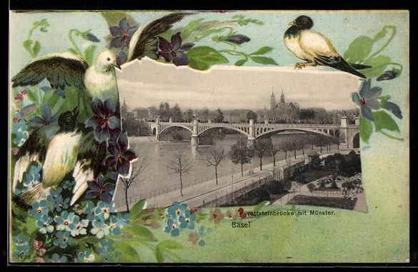 Cartoline postali: Litho Basel, Wettsteinbrücke mit Münst – Usato da Berlin venduto da bartko-reher