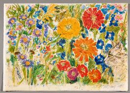 Katze mit Blumen, Lithographie von Fritz Hug, handsigniert