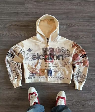 Sweat à capuche Slepton beige imprimé timbres état neuf