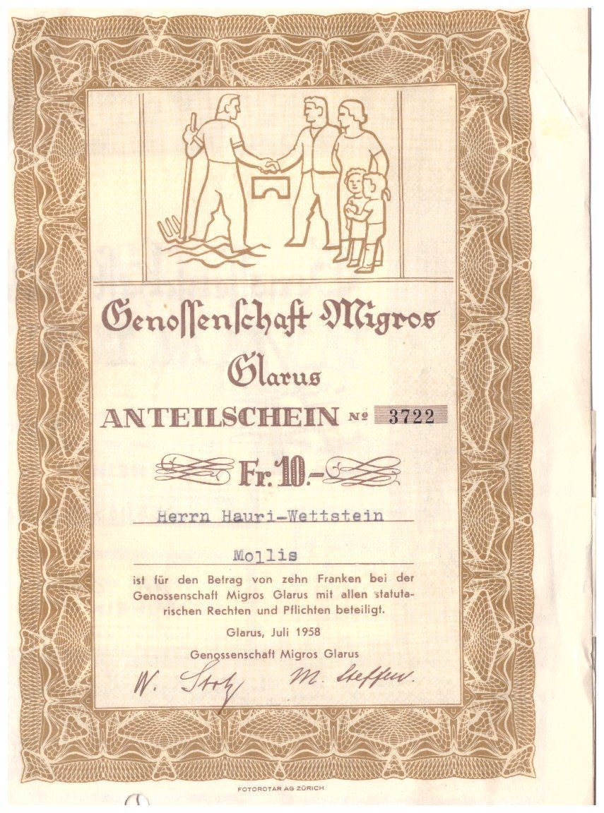 Documenti: Anteilschein Genossenschaft Migros Glarus – Nuovo (secondo la descrizione) da Richterswil venduto da solalex